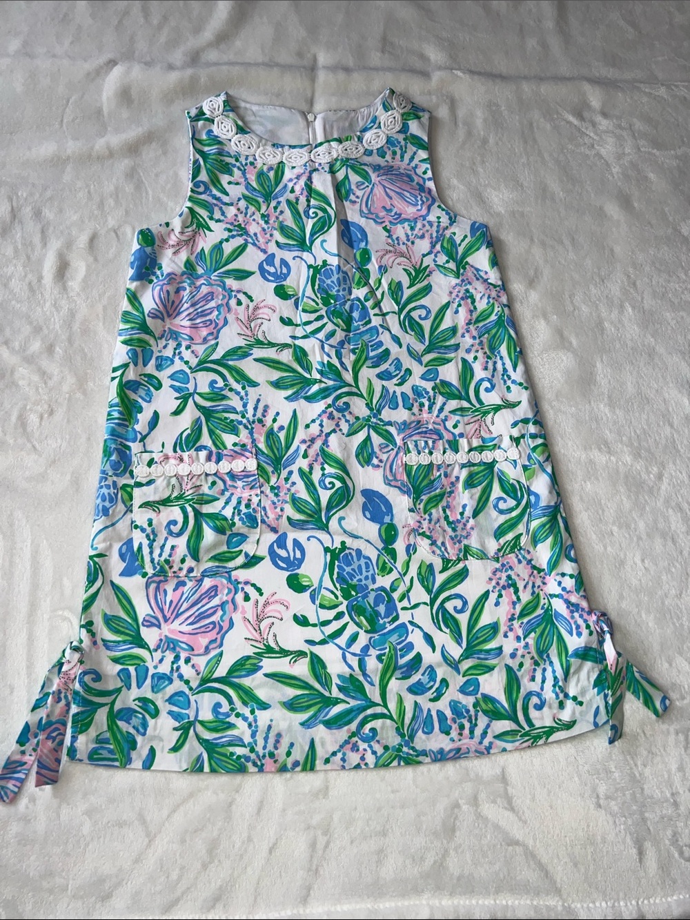 Lily Pu Floral Cotton Sleeveless Kids Dress in White with Blue & Green Print  10